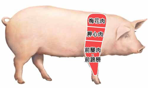 肩胛部位：梅花肉、胛心肉、前腿肉、前蹄膀